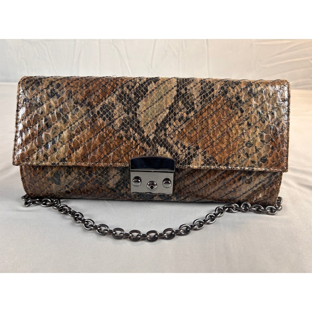 Poppie Jones Brown Snakeskin Print Clutch‎ Bag Gunmetal Chain Strap Push Lock